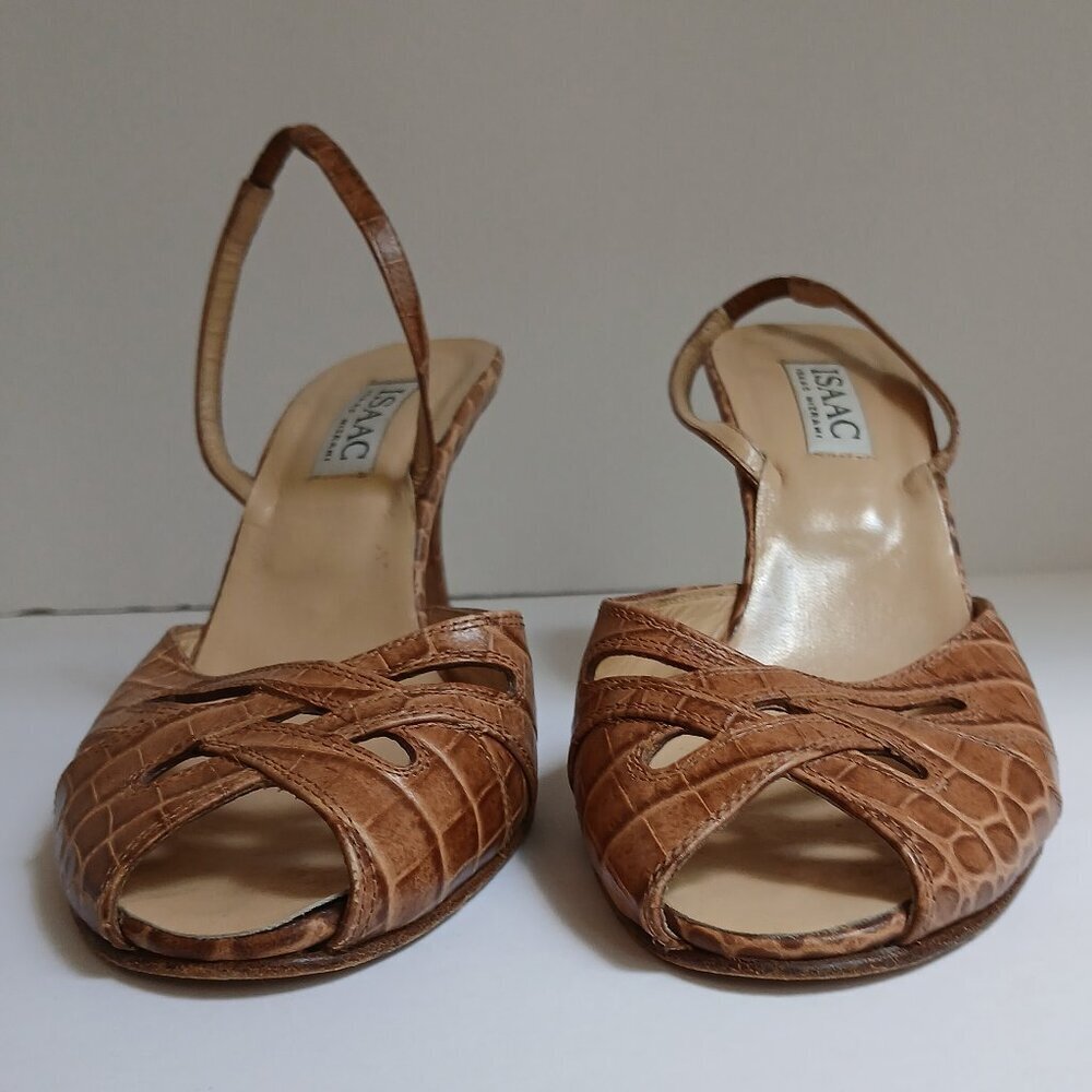 Brown Leather Reptile Print Cut Out PeepToe Sling-Back High Kitten heels Sz 8.5 - Picture 2 of 9